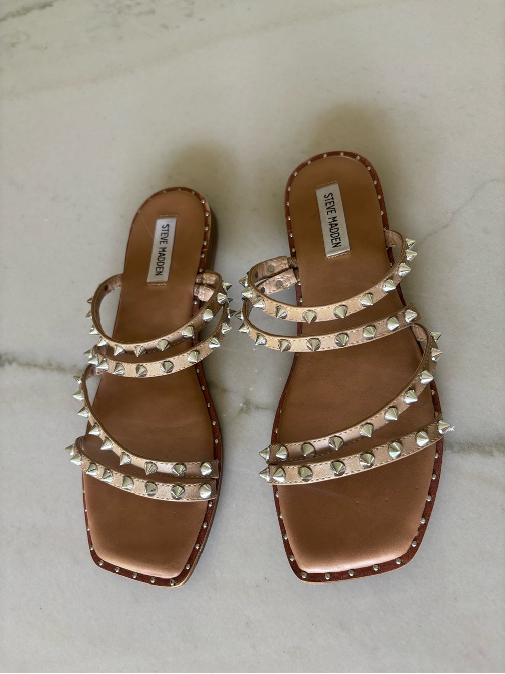 Steve Madden Selina Spiked Strappy Neutral Tan & Silver Sandal Size 10